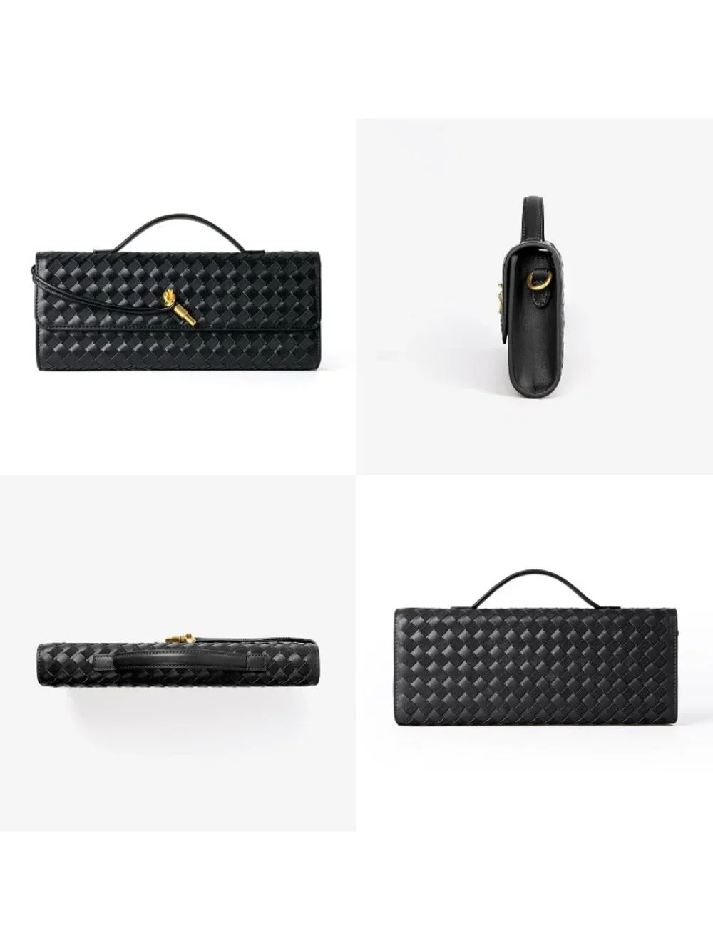 Womens Black Woven Leather Suede Clutch Purse Evening Crossbody Handbag